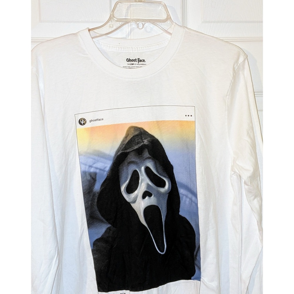 Ghost Face Scream Movie White Long Sleeve Instagram Selfie‎ T-Shirt - Medium NWT